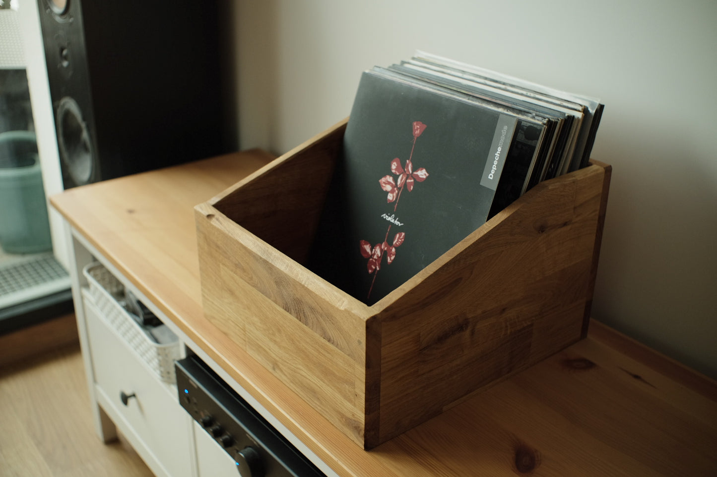 Caisse rangement vinyle chêne
